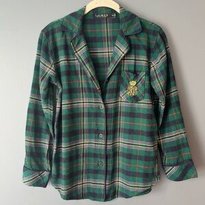 Lauren Ralph Lauren Black Label Plaid Pajama Shirt with Crest Petite Medium